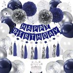 YGYXMY Birthday Decorations Men Blue | Navy Blue White Silver Party Decorations | Navy Blue and Silver Balloons with Happy Birthday Banner, Tissue Pompoms, Hanging Swirl Streamer, Tassels Garland