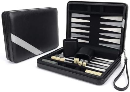 WE Games Backgammon Set, Board Games for Adults - Travel Games - Black with Gray Stripe Magnetic Leatherette Backgammon Board and Carrying Strap - Travel Backgammon Sets for Adults