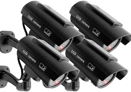 F FINDERS&CO Solar Powered Fake Security Camera, Bullet Dummy Security Camera Surveillance System with Realistic Red Flashing Lights Indoor Outdoor (4 Black)