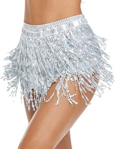 ZPLxi Women's Sequin Tassel Skirt Shinny Adjustable Rave Fringe Belly Dance Hip Scarf Tutu Petticoat Skirt for Cosplay Costume Silver