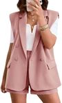 KIRUNDO Womens Suits 2 Piece Set Casual Fashion Dressy Cute Pink Sleeveless Long Blazer and Shorts Sets Outfits Matching Summer Office Clothes(Pink, Medium)