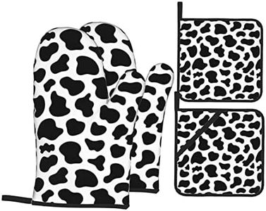 Cow Print Oven Mitts and Pot Holders Heat Resistant Non-Slip Potholders Oven Gloves and Pad for Baking Cooking Kitchen Grilling Bbq Gifts Sets of 4