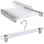 Amber Home 36cm White Wooden Pants Hangers 10pcs, Smooth Wood Skirt Hanger Organizer with Adjustable Anti-Slip Chrome Clips, Space Saving Solid Clothes Hangers Rack for Bottoms Jeans Slacks Trousers