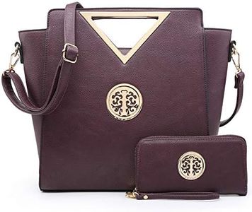 Women Handbag Cut Out Triangle Top Handle Bag Large Fashion Tote Satchel Work Purse (7464 Dark Purple + Matching Wallet)