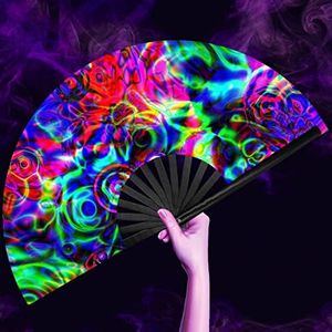 OMyTea UV Glow Rave Fan Foldable for Women/Men/Drag Queen - Large Clack Festival Folding Hand Fan - for EDM, Music Festival, Event, Party, Dance, Performance (Disco Bass)