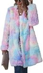 ECDAHICC Women's Rainbow Tie Dye Fuzzy Fleece Long Sleeves Jackets Wool Faux Fur Teddy Bear Long Cardigan Coat Outwear, Pink, X-Large