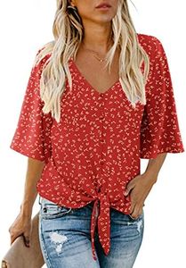 AWULIFFAN Women's Casual V Neck Batwing Sleeve Tops Tie Front Chiffon Blouses Button Down Shirts, 14 Flower Red, XX-Large