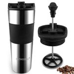 PATMOSEAL Vacuum Insulated Travel Mug with French Press Lid Leakproof, Portable Coffee Maker Cafetiere 3 Cups for Traveling 450ml/15oz (Silver)