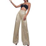 Womens Shiny Sequin Palazzo Pants Hight Waist Bell Bottoms Flare Trousers Sparkle Bling Glitter Clubwear Night Out, Beige, Large