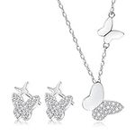 Pwsap 3 Pcs Adjustable S925 Butterfly Crystal Necklace Earrings Set, Dainty Adjustable Chain Length Necklace/Bracelet/Choker/Earrings Pendant Jewelry, Bling Charm Present