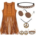 Hippie Costume Clothes Accessories for Women, 70s Fancy Dress Hippy Set with Fringe Vest Boho Headband Bracelet Leopard Earring Necklace Vintage Sunglasses 60s 70s Disco Outfits for Carnival-M