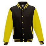 Star and Stripes Varsity Jacket Jet Black with Sun Yellow Sleeve Medium plus 1 T Shirt