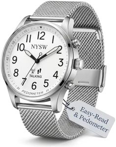 NYSW Men’s Atomic Time Sync Analog Pedometer Watch, Walking Step Counter, Calories & Miles, American Voice Announces Time/Date & Steps, No Bluetooth No EMF, Large Display, Stainless Steel Band SL-WT