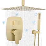 Delnet Concealed Shower Mixer Set Brass Brushed Gold 12 Inch Rain Shower System Kit with Handheld and Control Mixer Valve