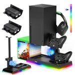 Upgrade Charging Stand with Cooling Fan Accessories for Xbox Series X Console, Controller Charger Dock Station& Cooler Fan System with 15RGB Lights, 2X1400 mAh Rechargeable Battery Pack,Headset Stand