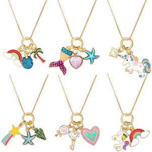 Hicarer 6 Pieces Unicorn Necklaces Mermaid Necklace Cute Rainbow Necklaces Love Heart Necklaces Crown Necklaces for Princess Party Favors (Classic Style)