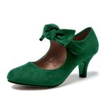 Women's Bow Heels Comfortable Low Kitten Heel Closed Round Toe Office Work Wedding Mary Jane Dress Pumps Shoes, Green, 7.5