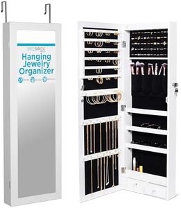 BIRDROCK HOME Hanging Jewelry Organizer - Lockable Storage Cabinet with Body Mirror & LED Lights, Door or Wall Mounted for Closet or Bedroom Dresser, Adjustable Height & Large Capacity - White