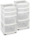 HOMZ 2-Pack Drawer Tower, 4-Tier Clear Plastic Storage Organizer Cart, White Frame - Organizing Containers with Wheels for Home, Bathroom, Bedroom, Office, and Classroom