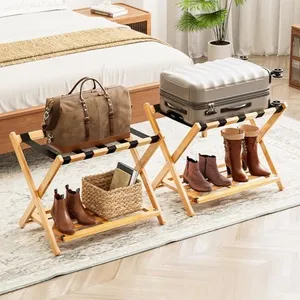 SpaceAid Fully Assembled Luggage Rack 2 Pack, Bamboo Foldable Suitcase Stand for Guest Room, Heavy Duty Folding Luggage Holder with Storage Shelf for Bedroom and Hotel, Natural