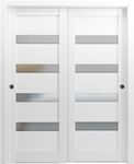 SARTODOORS Sliding Closet Bypass Doors 84 x 80 with Hardware | Quadro 4113 White Silk with Frosted Opaque Glass | Sturdy Top Mount Rails Moldings| Kitchen Lite Wooden Solid Bedroom Wardrobe Doors