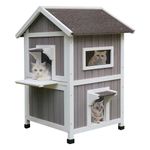 HiCaptain Outdoor Cat House for Feral Cats, Weatherproof Outside Cat Shelter Wooden 2 Story Large Kitty House with Escape Door-Grey