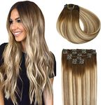 SURNEL Clip in Hair Extensions Human Hair 14 inch 6pcs 100g Clip in Hair Extensions Balayage Color 3 Darker Brown Fading To 8 And 22 Blonde Clip in Hair Extensions(#3/8/22,14")