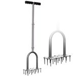 Walensee Lawn Aerator Spike, Metal Manual Dethatching Soil Aerating Lawn with 15 Iron Spikes, T-Handle Pre-Assembled Grass Aerator Tools for Yard, Lawn Aeration, Garden Tool, Revives Lawn Health, Grey