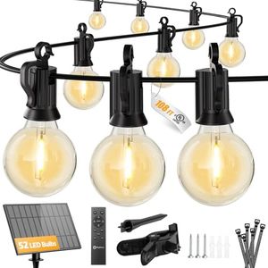 Brightown 108FT Solar String Lights Outdoor with Remote and 52 LED Shatterproof Bulbs, Dimmable & Timable, 3 Light Modes, Solar Patio String Lights Outdoor for Cafe, Garden, Deck, Outside Wedding
