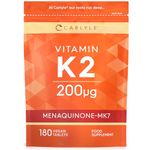 Vitamin K2 MK7 200ug | 180 Vegan Tablets | Menaquinone-MK7 | Suitable for Vegetarians and Vegans | by Carlyle