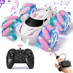 Jovow Pink Remote Control Car for Girls 6-12, 2.4Ghz 4WD Hand Controlled RC Car with Light & Music, Double-Sided 360° Rotating Gesture Sensing RC Stunt Car Birthday Gifts for Girls