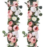 Floweroyal 2 Pack Artificial Flower Garlands 11.2FT Eucalyptus Garlands with Flowers 8 Head Peony Flower Vine Faux Floral Garland for Wedding Arch Table Wall Backdrop Wreath Decoration. (Pink & White)