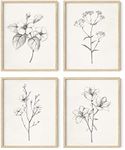 HAUS AND HUES Grey Floral Wall Art - Set of 4 Plant Posters for Wall Vintage, Botanical Prints, Black and White Flower Pictures for Room Aesthetic, Farmhouse Bathroom, Rustic Art (Beige Frame, 11x14)