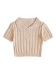 Verdusa Women's Button Front Short Sleeve Cable Knit Crop Top Pullover Sweater, Apricot, Small