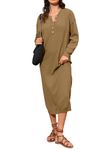 YKR Womens Long Sweater Dress Midi Oversized Long Sleeve Maxi Sweater Dress, Khaki, M