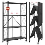 DEANIC 4-Shelf Foldable Storage Shelves with Wheels, Heavy Duty Shelving Unit, Freestanding Metal Wire Shelf Rack, No Assembly Organizer Rack for Garage Kitchen, Basement, Pantry, Black