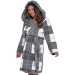 A2Z Women's Flannel Fleece Robe Check Printed Sherpa Hooded Gown - Robe 136 Grey 16-18