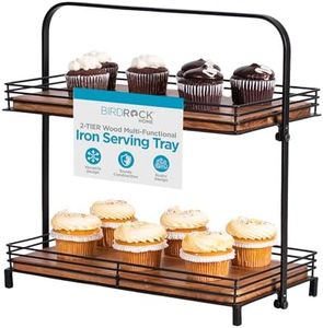 BIRDROCK HOME 2-Tier Wood & Iron Serving Tray w/Handle – Rustic Farmhouse Dessert Server – Party Display Stand - Cupcakes, Appetizers, Fruits & Pastries – Modern Kitchen Tiered Platter – Natural