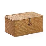 Seagrass Storage Baskets with Lid Natural Rattan Woven Rectangular Organizer Box (Small 26cmx14cmx11cm H)