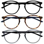 OPULIZE Met 3 Pack Reading Glasses Large Round Black Brown Grey Mens Womens Spring Hinges RRR60-127 +1.00