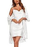 Ekouaer Womens Satin Robe Nightgown Set 2 Piece Silk Pjs Set Sexy Bathrobe Exotic Knee Length Wedding Robes,White Large