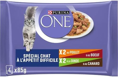 PURINA ONE Chat à l'Appétit Difficile Effilés en Sauce Saveurs Assortis Poulet & Boeuf et Dinde & Canard | Sachets Repas pour Chat Adulte | 4 x 85g