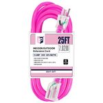 EP 25 Ft Outdoor Extension Cord with Lighted End, 12/3 Gauge SJTW Heavy Duty Extension Cable with 3 Prong Grounded Plug, 15AMP 1875W 12AWG, Pink, UL Listed