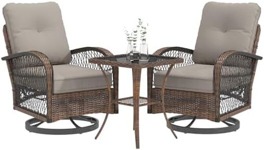 EROMMY 3 Pieces Patio Furniture Set, Outdoor Swivel Rocker Patio Chairs, Wicker Patio Bistro Set with Rocking Chair, Thickened Cushions and Glass Coffee Table for Backyard, Garden, Grey