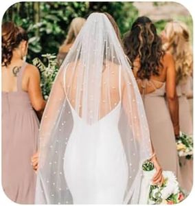 Yalice Pearl Cathedral Bridal Wedding Veil Long Veils for Brides 1 Tier Short Pearl Veils with Comb Fingertip Length, Ivory-118in (L)* 59in(w)