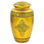 Nagina International Aluminum Metal Cremation Urns for Ashes & Mortal Remains | Handmade Beautiful Urns for Humans and Pets (Cross Brass Antique)