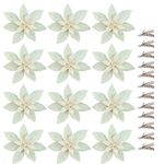 12 Pcs 6.3in Christmas Poinsettia Artificial Flowers with 12 Clips Glitter Christmas Tree Ornaments for Xmas Tree Wedding Party Wreath Decoration (Glitter White)