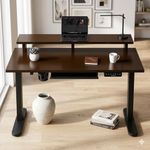TRADITIONAL CRAFT Electric Height Adjustable Standing Desk with Cable Tray, Ergonomic Sit Stand Home Office Desk, Motorized Table (Classic Brown - Black Frame, 120X60CM- INBUILT Riser)