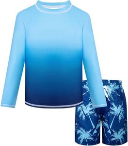 Belovance Boys Two Piece Rash Guard Swim Set Toddler Kids Long Sleeve Bathing Suit Swimwear Shirt with Trunks Swimming Suits Surfing Beach Clothes Quick Dry 5t Size 6 Dark Blue