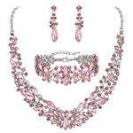 BriLove Wedding Bridal Necklace Earrings Bracelet Jewelry for Women Austrian Crystal Marquise Cluster Collar Necklace Dangle Earrings Link Bracelet Set Pink Silver-tone